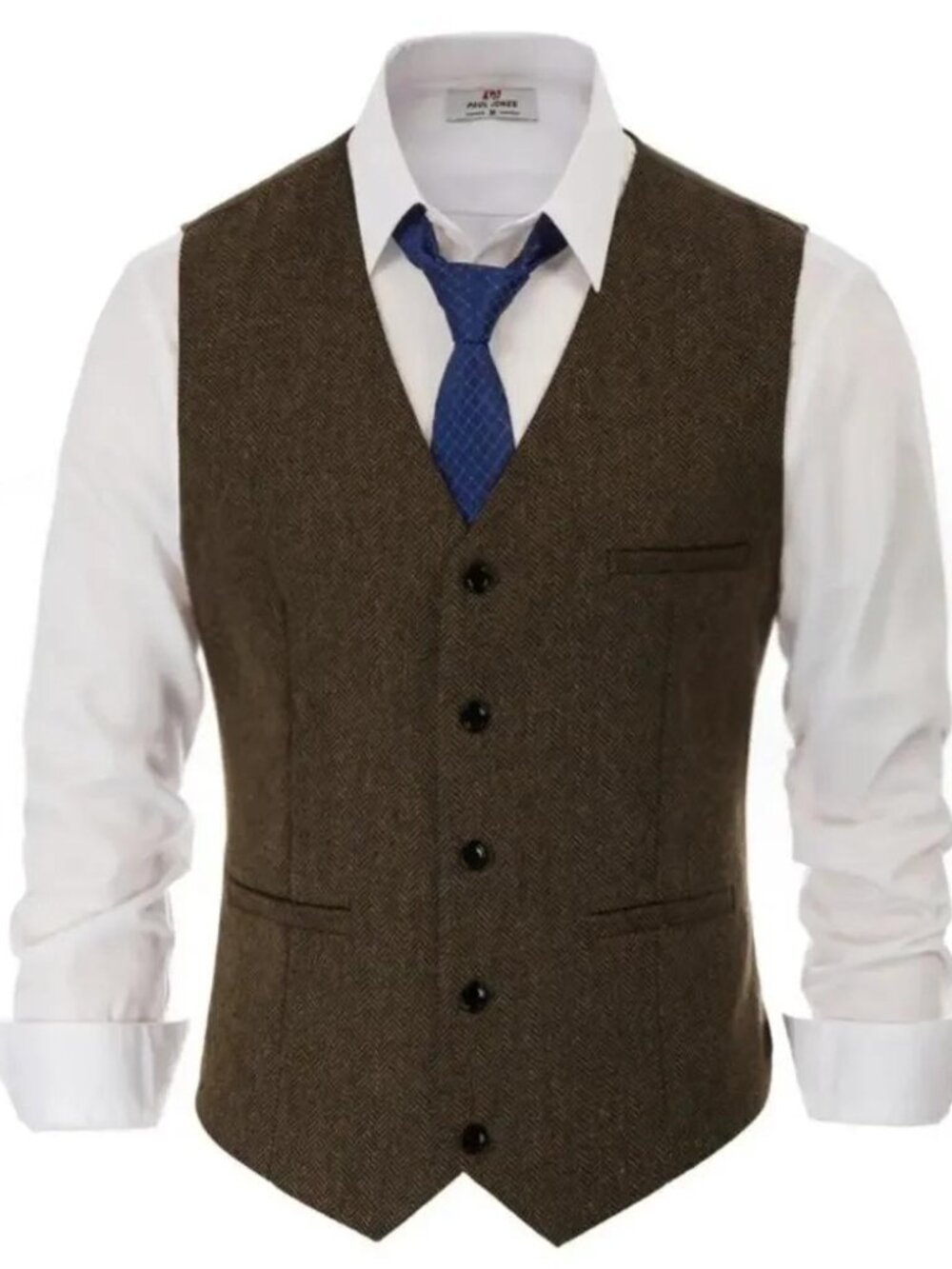 Paul Jones Herringbone Tweed Vest Mens 2XL Wool Blend Waistcoat Brown Wedding